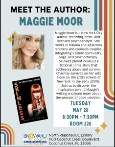 Maggie Moor author of Skinless speaking at Meet The Author. Broward Library, Florida. May 26, 2026.